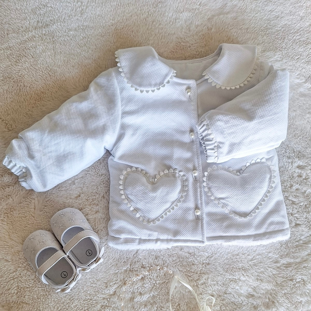 Chaquetón forrado corderito - bolsillos corazones piqué Blanco