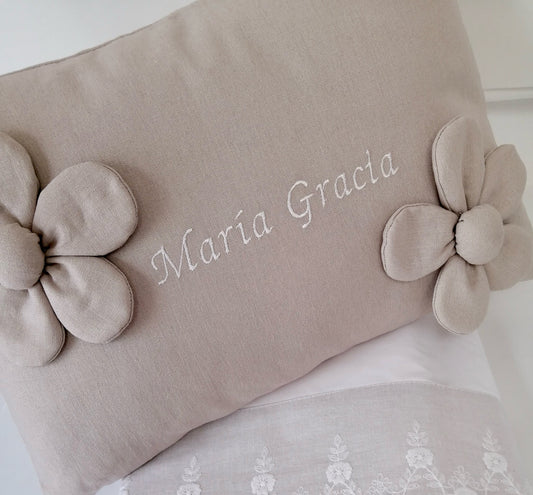 Cojín Aplicación Flores - lino tostado