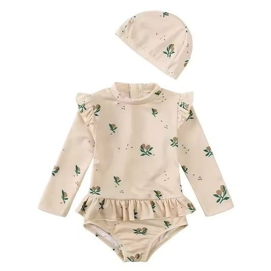 Traje de baño mangas y gorrito - florcitas beige