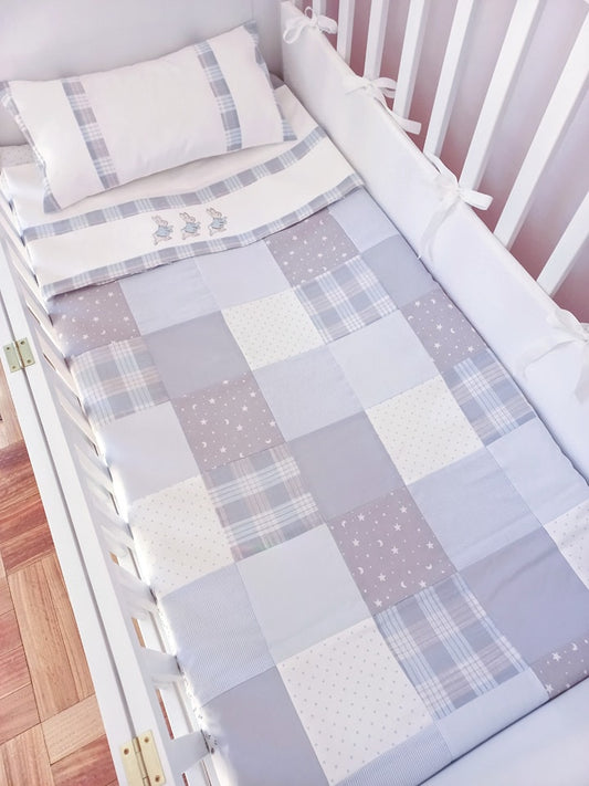 Cubrecama Patchwork - celeste y gris