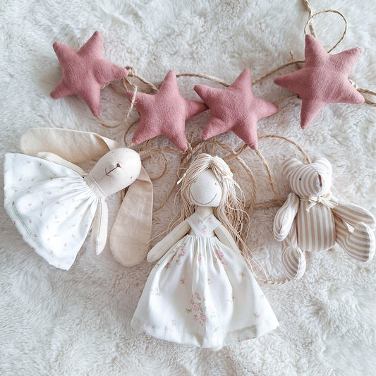 Guirnalda animales y muñeca - Estrellas lino frambuesa