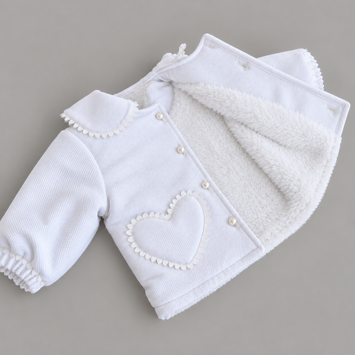 Chaquetón corderito - bolsillos corazones en piqué Blanco